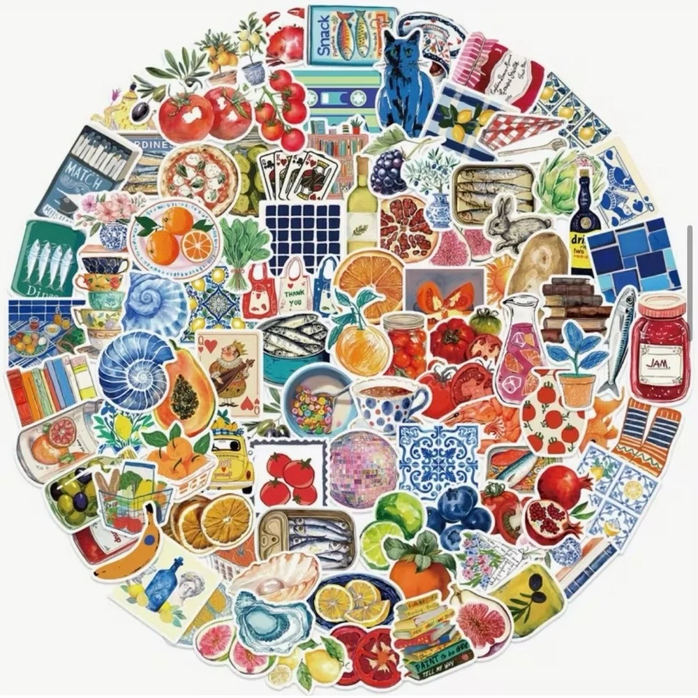 100 Mediterranean Stickers Summer Fruit Sardine Shells Tomato Lemons Italian - Picture 4 of 7